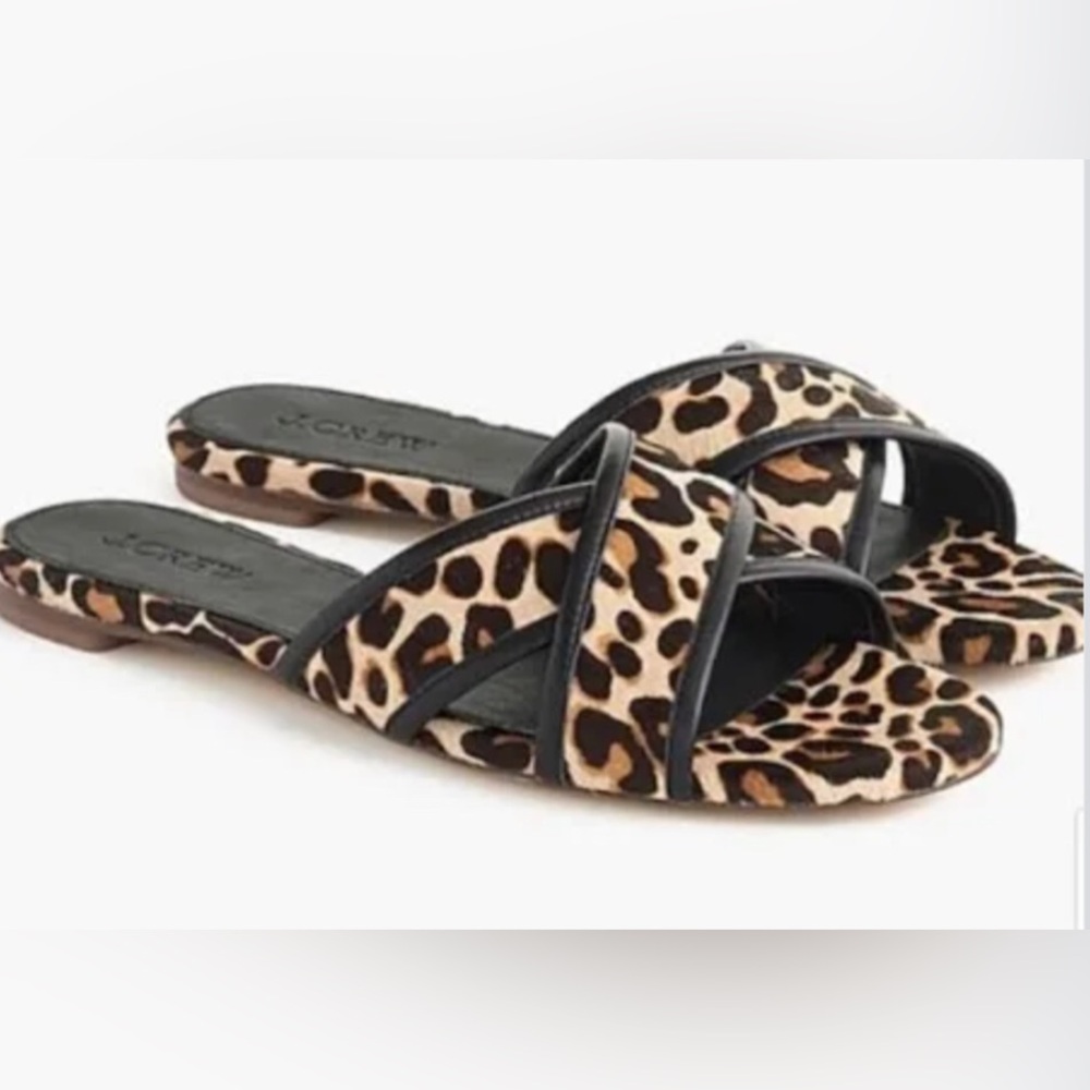 Prwnd J. Crew Black and Brown Animal Print leather upper Sandals sz 10